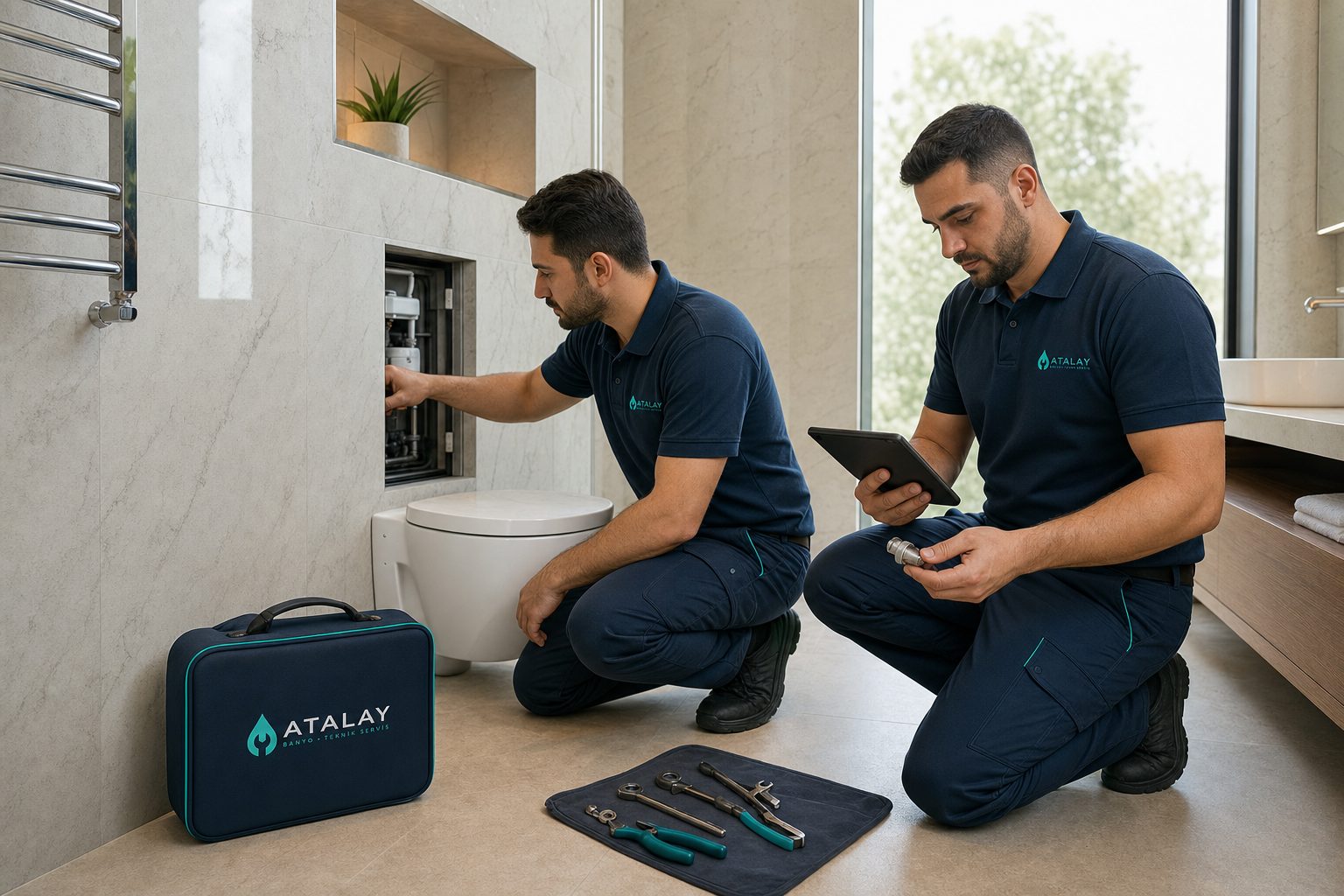 Atalay Banyo teknisyenleri Duravit asma klozet ve gömme rezervuarda servis uygularken